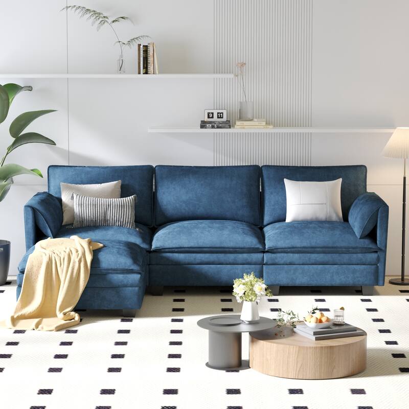 L-Shaped Sectional Sofa with Movable Ottoman, Fabric Upholstered 3 Seater Sofa, Deep Seat Sofa with Side Pockets