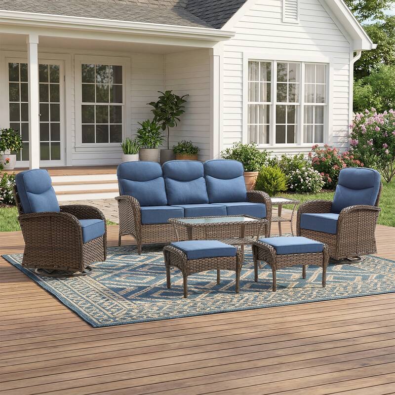 Pocassy Outdoor Sofa Swivel Chair and Ottman with Fire Pit Table - Brown Wicker Blue Cushion - 7-Piece Sofa Swivel Chiar Ottoman with Table