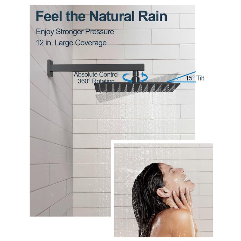 GRANDJOY 12 Inch Wall Mounted Digital Temperature Display Shower System Rainfall Shower Head with 6 Body Jets