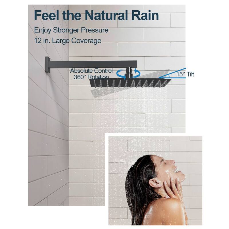 GRANDJOY Thermostatic Shower Faucet Set 12" Wall Mount Rainfall Shower Head Handheld Spray with Slide Bar Body Jets
