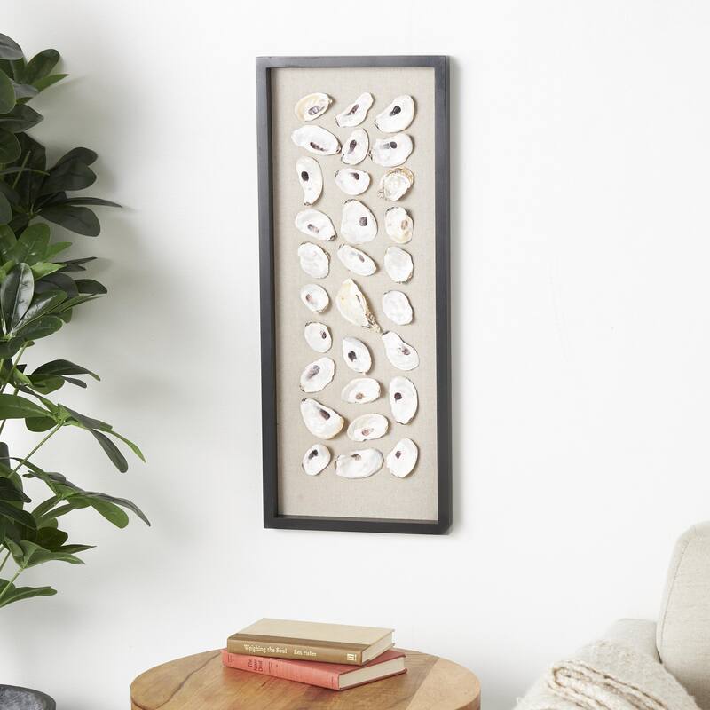 Shell Handmade Abstract Wall Decor with Beige Linen Backing and Black Frame - Cream - Roche River Decor