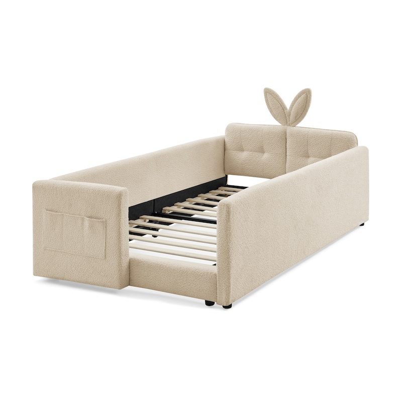Twin Size Platform Bed Upholstered Bed with Safety Rail and Pocket, Kids Bed with RabbitEar, Skin-friendly Boucle Fabric