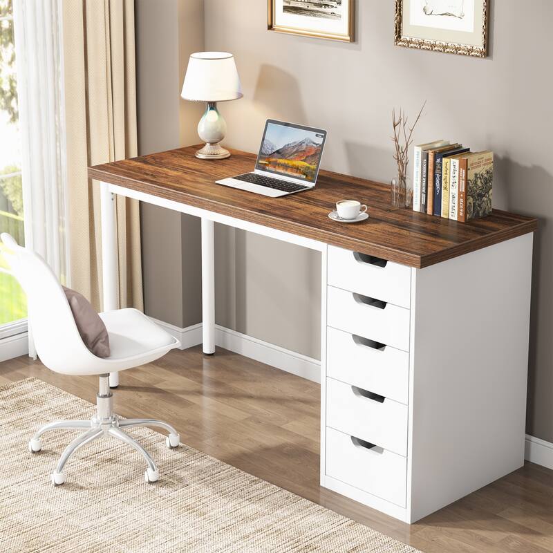PC/Computer Desk with 5 Reversible Drawers, Home Office Desk with Storage, Laptop Desk Study Writing Table Workstation