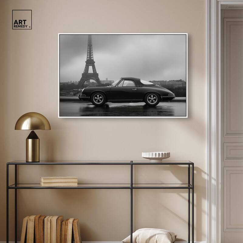 Classic Car and Eiffel Noir Canvas by Art Remedy