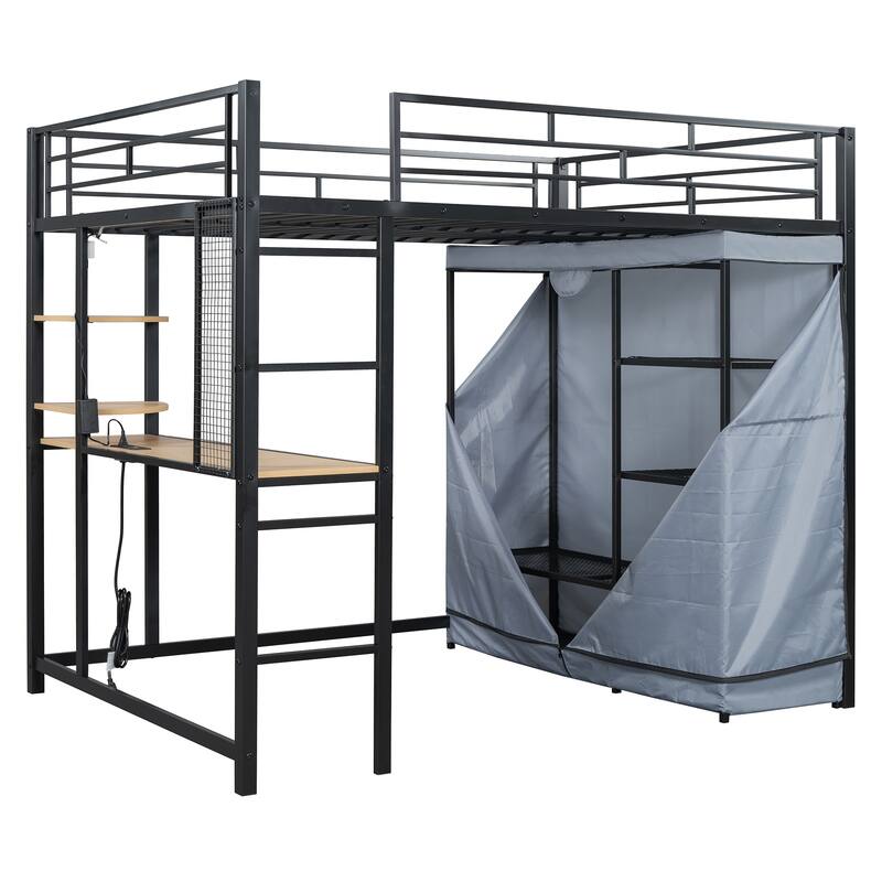 Full Size Metal Loft Bed with Built-in Desk, Wardrobe & Power Outlet - 350LB Capacity