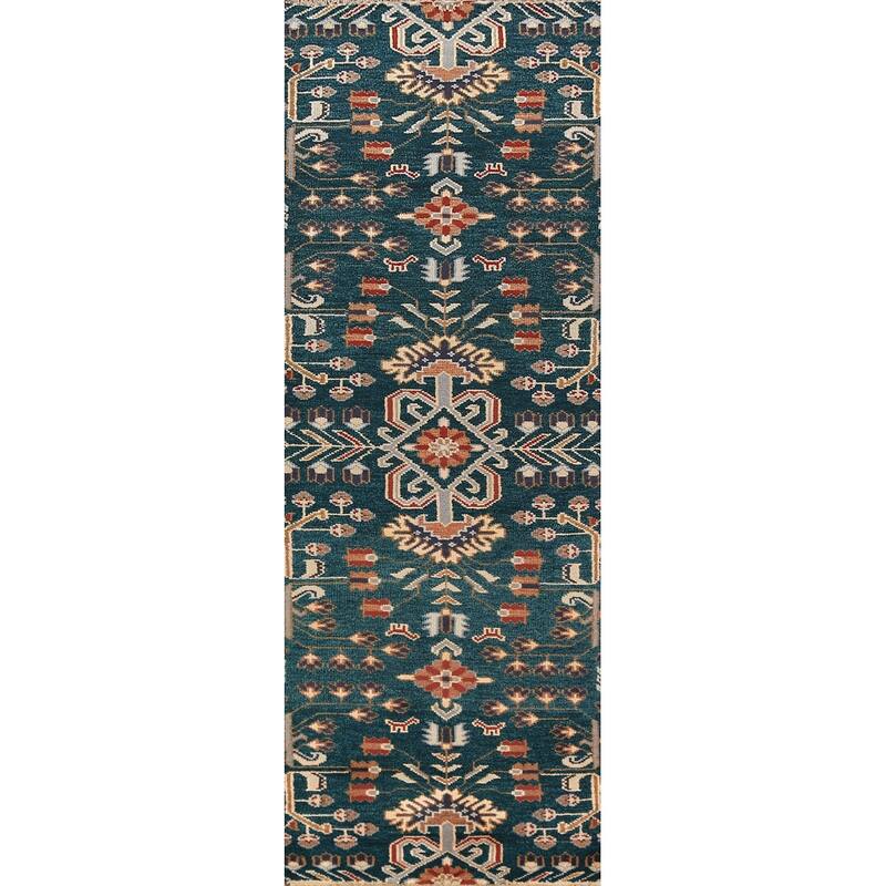All-Over Green Tribal Kazak Indian Runner Rug Handmade Wool Carpet - 2'7"x 9'10"