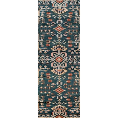 All-Over Green Tribal Kazak Indian Runner Rug Handmade Wool Carpet - 2'7"x 9'10"