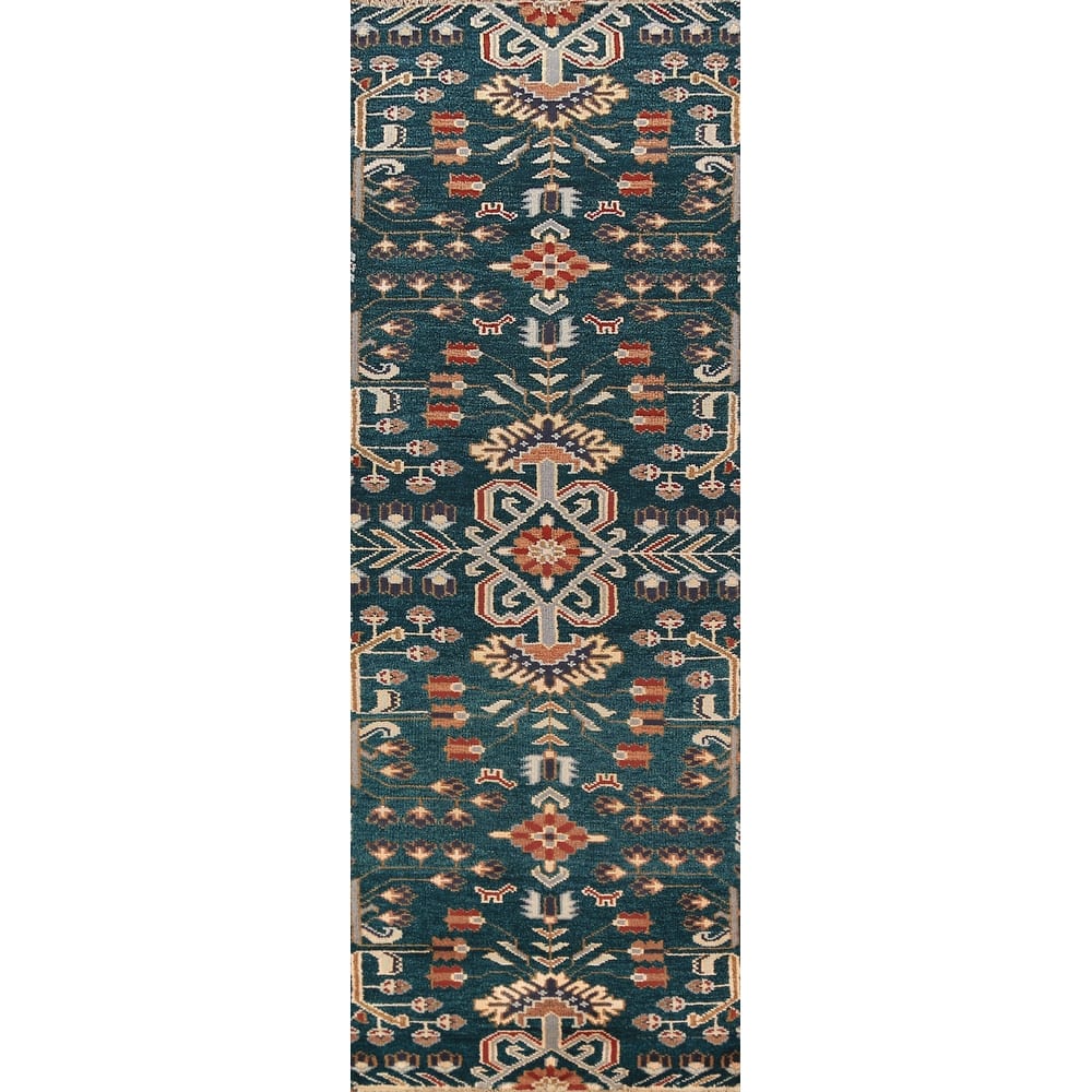 All-Over Green Tribal Kazak Indian Runner Rug Handmade Wool Carpet - 2'7"x 9'10"
