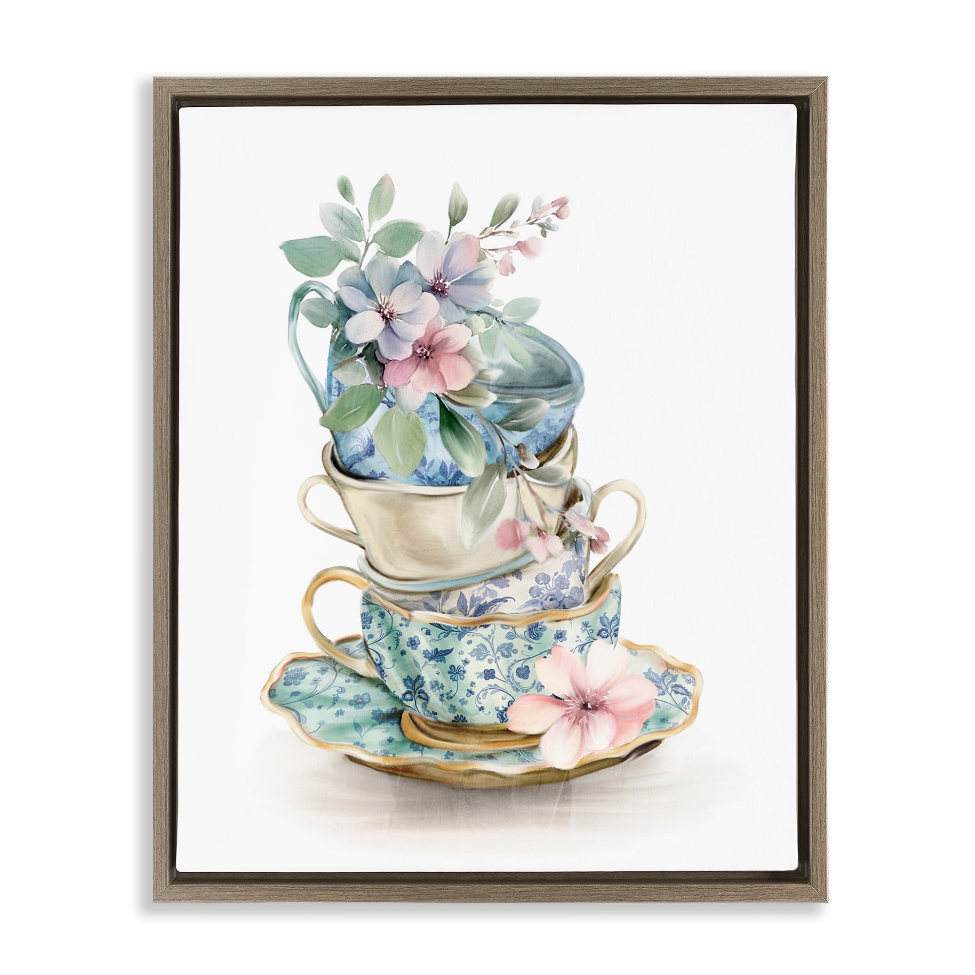 Stupell Floral Teacup Chinoiserie Framed Floater Canvas Wall Art Design By Kim Allen