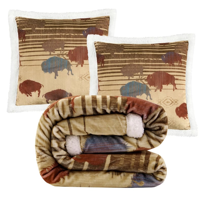 Indigo Hill by HiEnd Accents Campfire Sherpa Fleece Throw, 1PC or 3PC - 3-Piece - Home on the Range-Buffalo