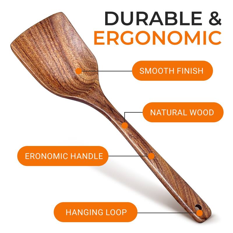 Cheer Collection Teak Wood Cooking Spatula with Ergonomic Handle for Nonstick Cookware