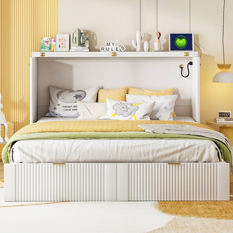 Queen Size Murphy Bed with drawer and a set of Sockets & USB Ports - White