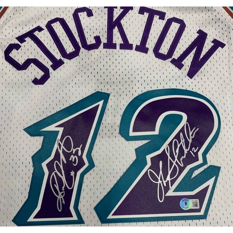 John Stockton and Karl Malone Autographed Utah Jazz Signed Mitchell and Ness Swingman Basketball Jersey Beckett Beckett COA C
