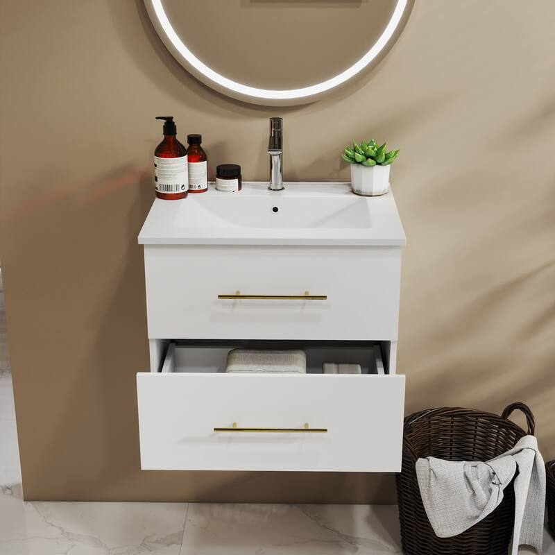 24-Inch Wall-Mounted Bathroom Vanity with Sink Combo,Double Drawers, Ceramic Basin, Easy Assemble,2 Storage Drawers