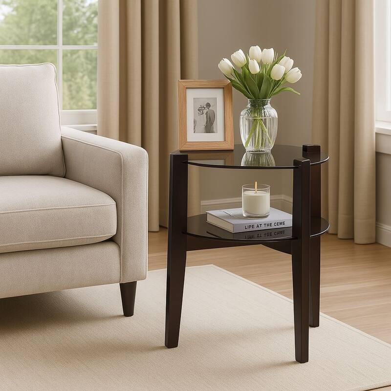 24 Inches 2-tier Glass Round End Table with Shelf and Wooden Legs