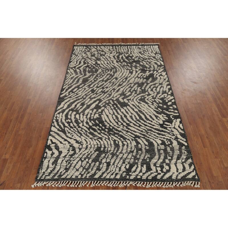 Black & Ivory Moroccan Abstract Rug Hand-Knotted Wool Carpet - 5'11"x 9'2"