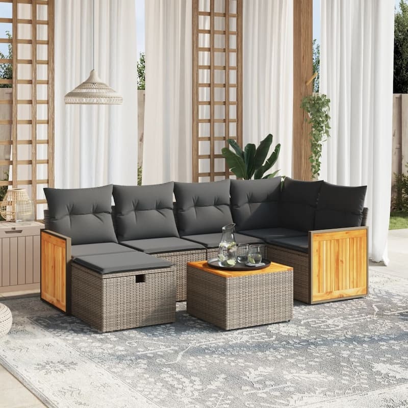 vidaXL Patio Sofa Set with Cushions Outdoor Conversation Furniture Poly Rattan - Gray with table - 24.4 x 24.4 x 27.2 in