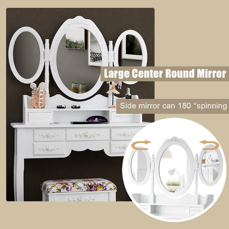 Gymax Vanity Makeup Set W/7 Drawer Tri-Folding Mirror Dressing Table &