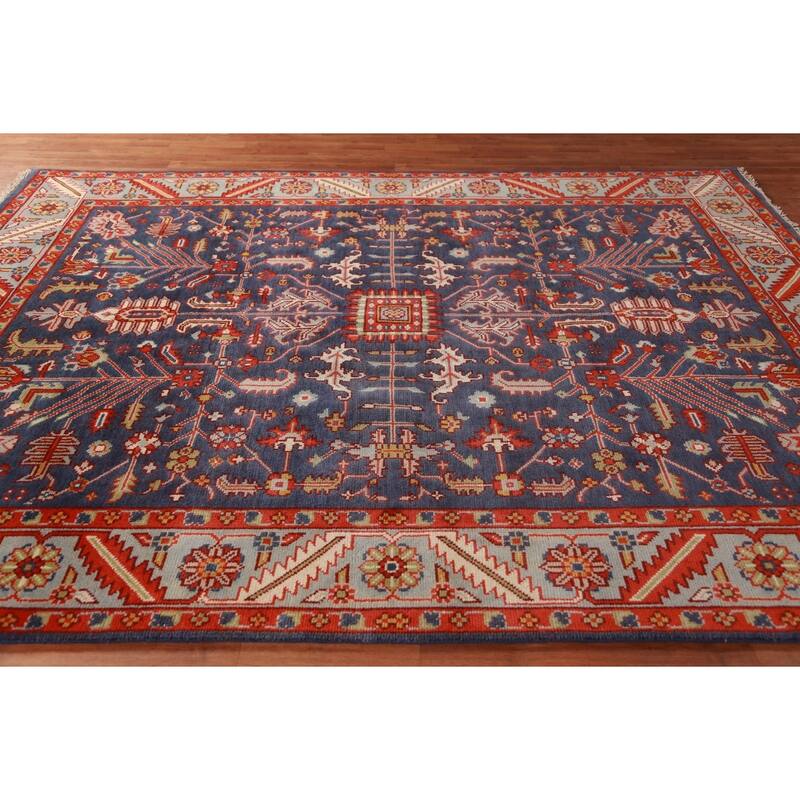 Hand Knotted Oriental 100% Wool Carpet Transitional All-Over Navy Blue & Blues Oushak Area Rug - 9' 11'' X 7' 9''