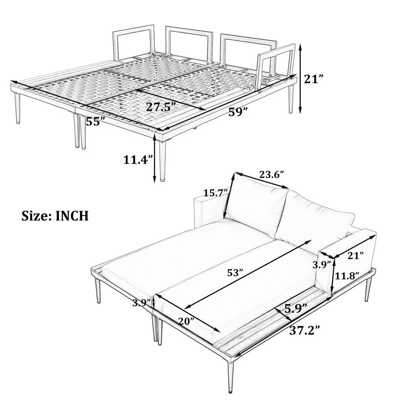 Outdoor Patio Daybed with Acacia Wood Topped Side Spaces, 2-in-1 Design, Adjustable Leg Supports, and Washable Cushions
