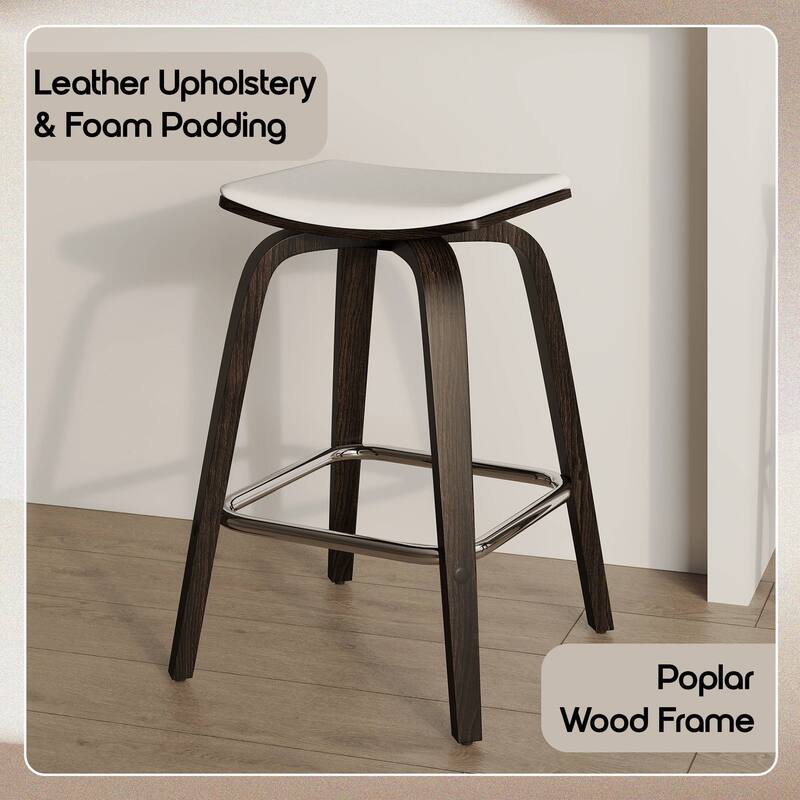 Leather Counter Stool Swivel Square Seat Poplar Wood Frame Iron Foot Rest