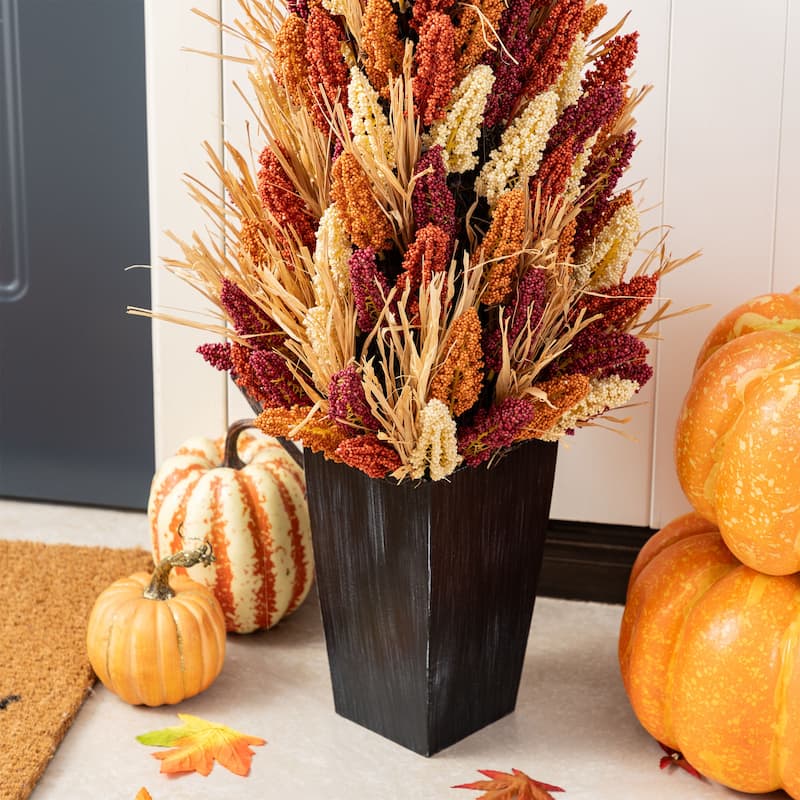 Glitzhome Fall Harvest Artificial Sorghum Garland Wreath Swag Floral Porch Decor
