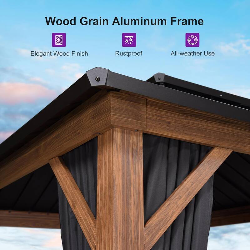 PURPLE LEAF Patio Hardtop Gazebo for Outdoor Wood Grain Aluminum Frame Galvanized Steel Double Roof and Backyard Garden