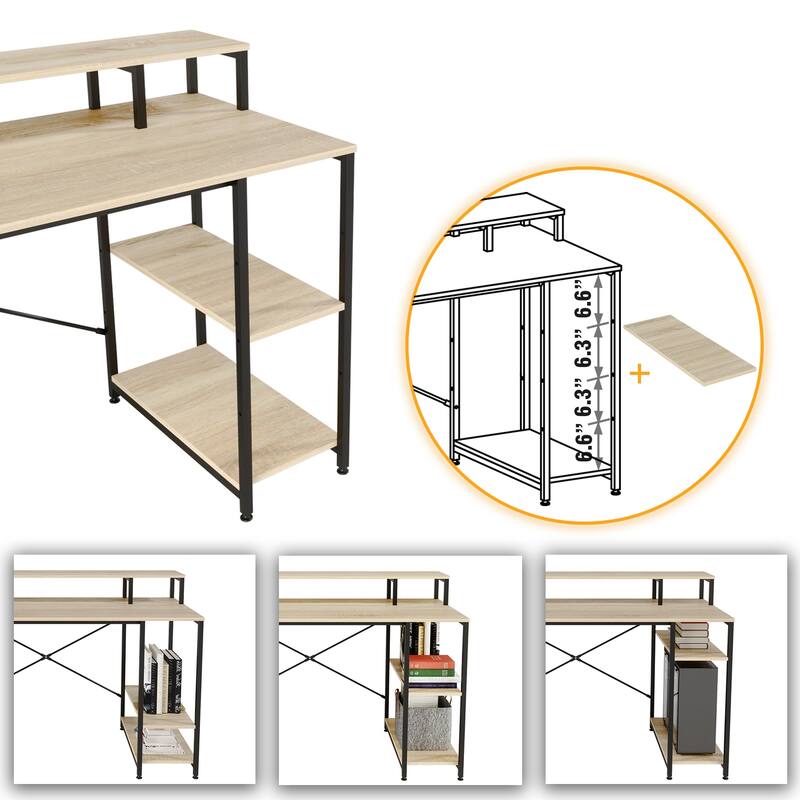 55 Inch Dual Monitor Computer Desk with Adjustable Shelves