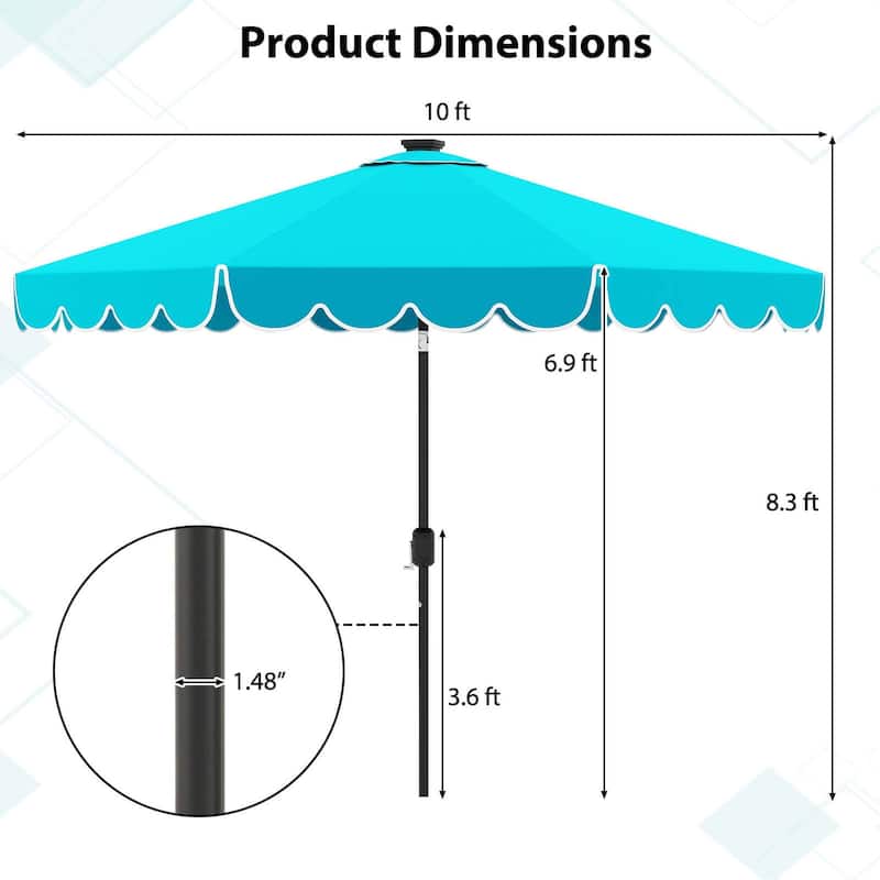 10 FT Patio Umbrella w/ Solar Lights Market Sunshade w/ Ruffles
