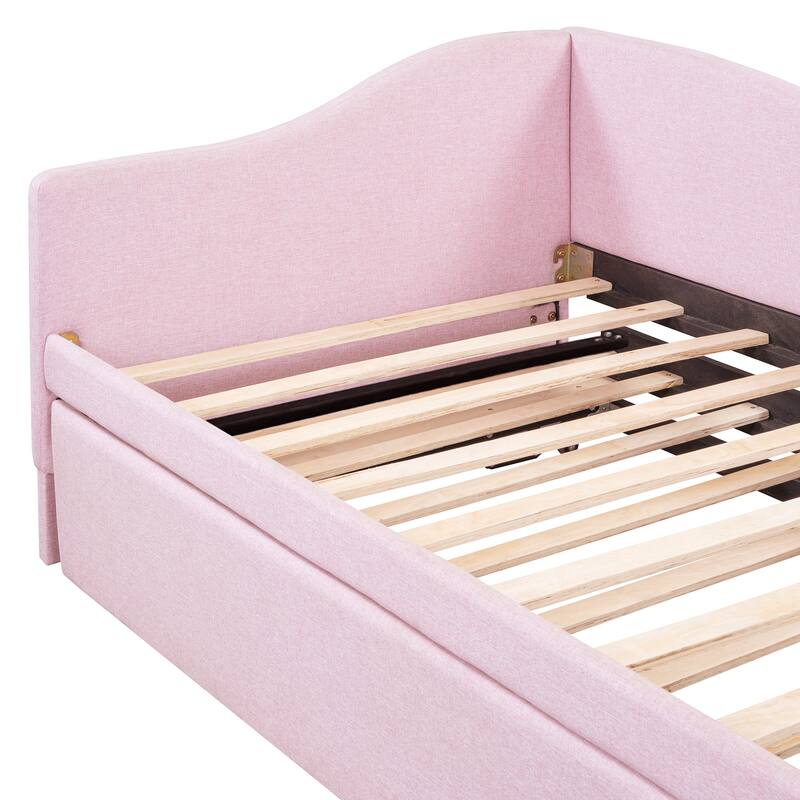 Roomfitters Twin Size Upholstered L-Shaped Daybed with Pop Up Trundle, Space Saving Fabric Sofa Bed Frame with Slats