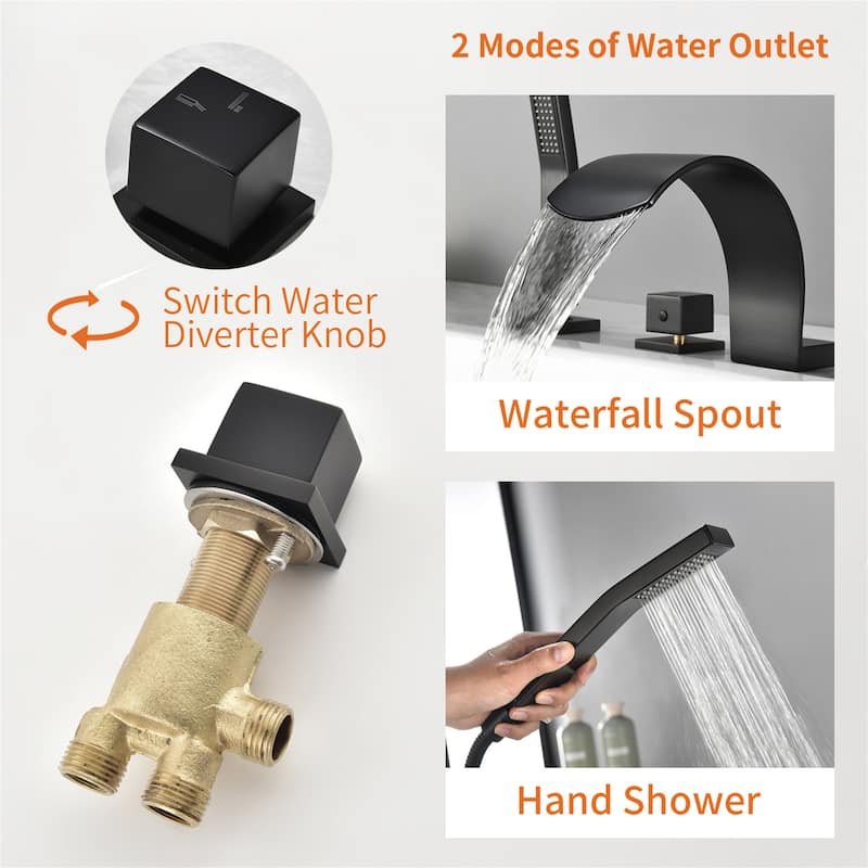 Deck Mount Waterfall Tub Faucet With Handheld Shower Brass 4 Holes Roman Bathtub Faucet Modern Tub Filler With Hnad Sprayer