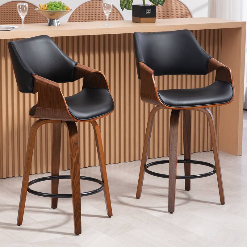 Beasley Black Faux Leather Counter Stool with Walnut Wood Legs