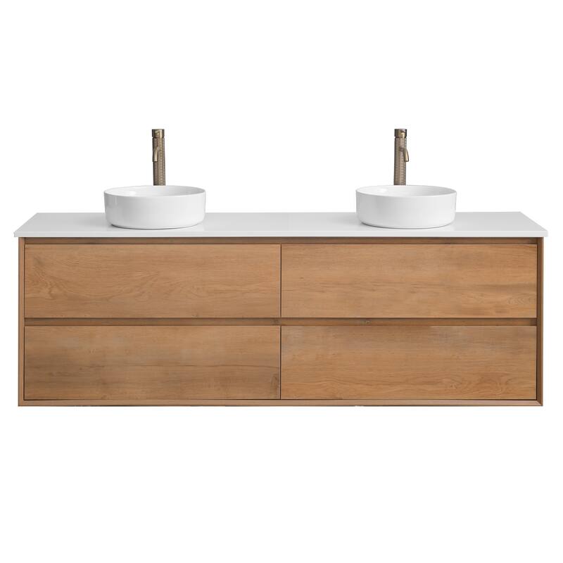 72" Floating Bathroom Vanity Quartz Counter Top with Double Ceramic Vessel Sink - Square Sink - Round Sink