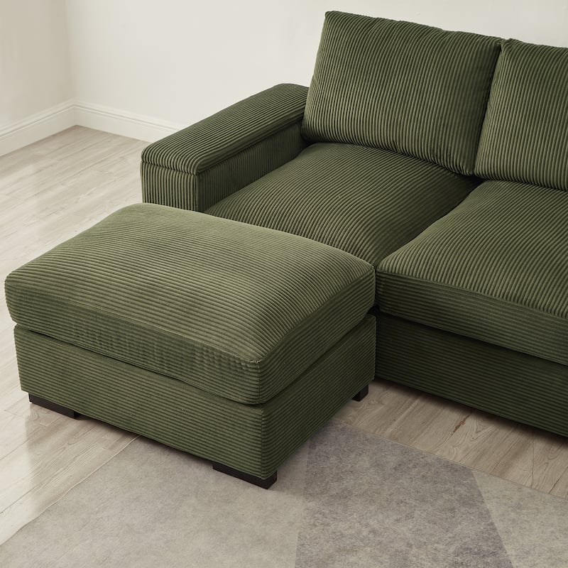 U-Shaped Sectional Sofa with 2 Movable Ottomans, Comfy Corduroy Upholstered 4 Seater Sofa, Lounge Sofa with Storage Armrests