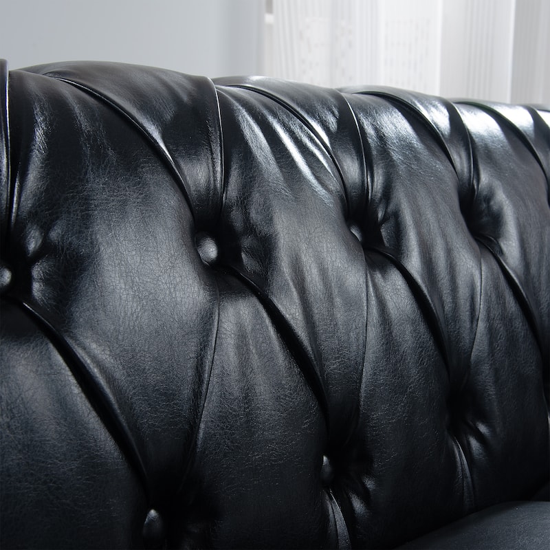 84.65" Black PU Rolled Arm Chesterfield Three Seater Sofa