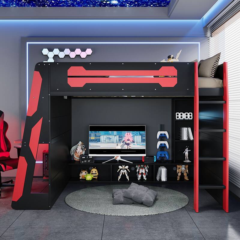 Full Size Gaming Loft Bed with RGB Light & Desk, Wood Bed Frame w/Multi-Storage Shelves and Guardrail, Under-Bed Console Storage - Red - Full