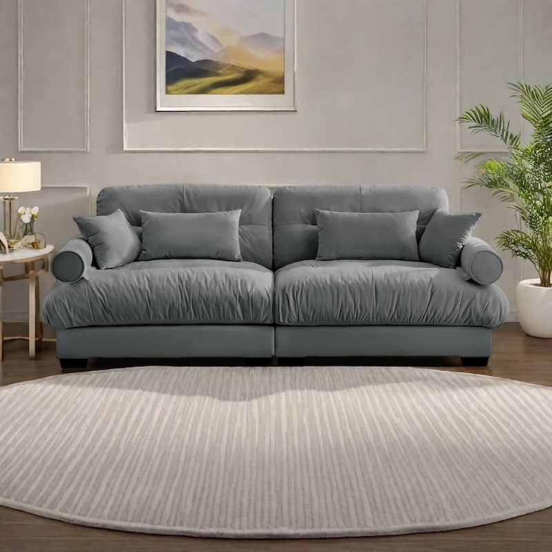 93.7"Velvet 3-Seater Sofa with Bolster Armrests, High-Resilience Sponge Cushions - Grey