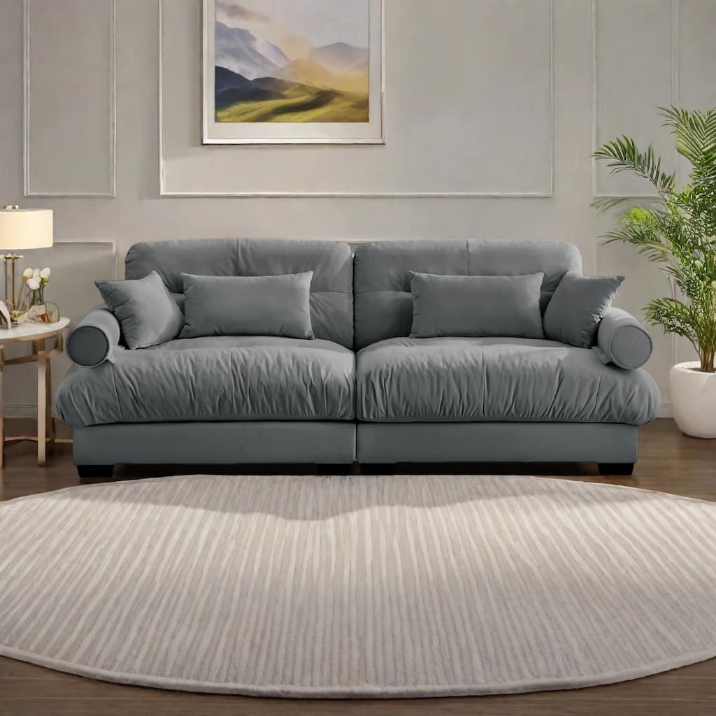 93.7"Velvet 3-Seater Sofa with Bolster Armrests, High-Resilience Sponge Cushions