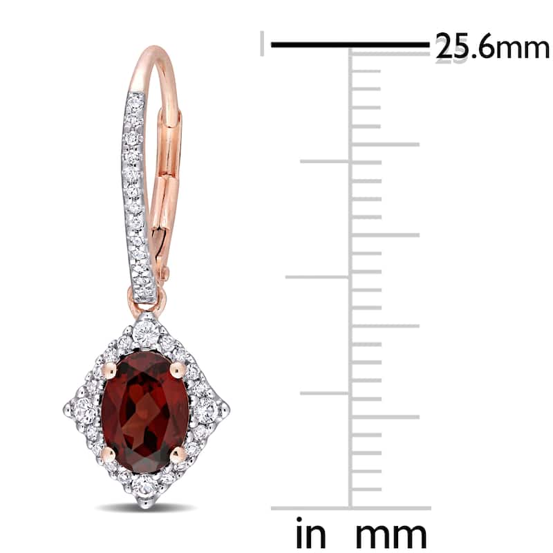 Miadora 10k Rose Gold Garnet, White Sapphire and 1/5ct TDW Diamond Halo Leverback Earrings - 25.6mm x 9.6mm x 13.7mm