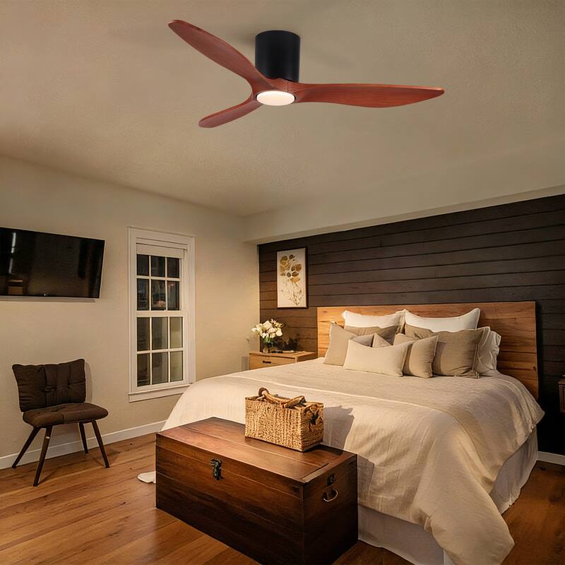 52" Mordern Farmhouse Retro Solid Wood Low Profile Flush Mount Ceiling Fan with Light and Reversible Quiet Motor