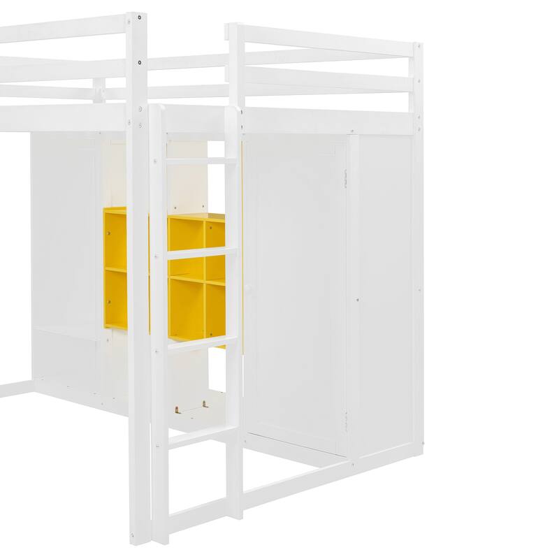 Twin/Full Size Versatile Loft Bed with Wardrobe, Storage Bed Frame with Multi-Shelves and Clothes Hanging Rod