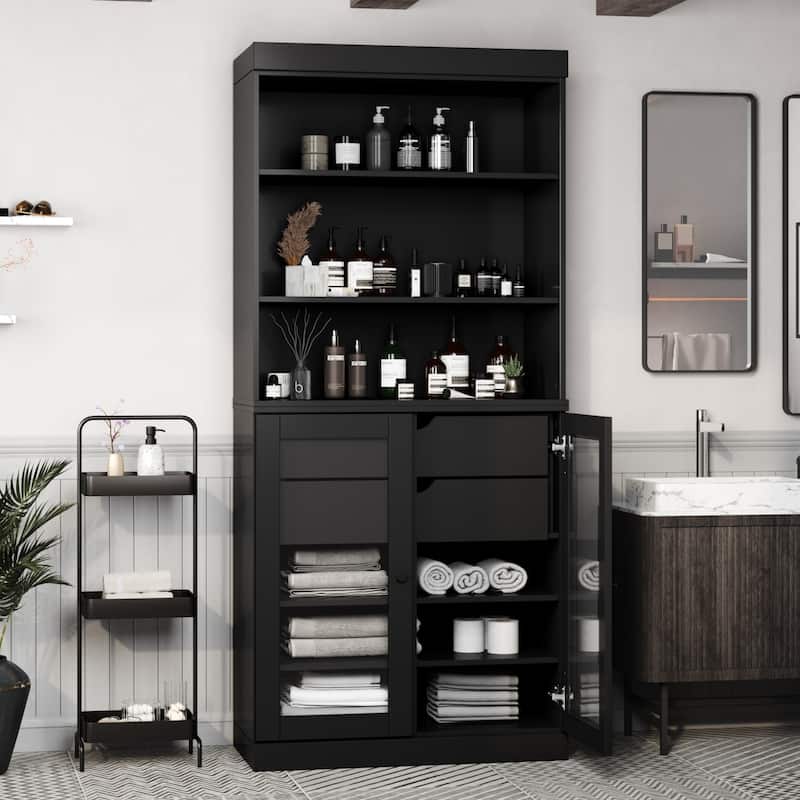 100% Solid Wood 32" Bathroom Cabinet with Optional Doors, 2-Drawers by Palace Imports - Black - 2 Glass Doors