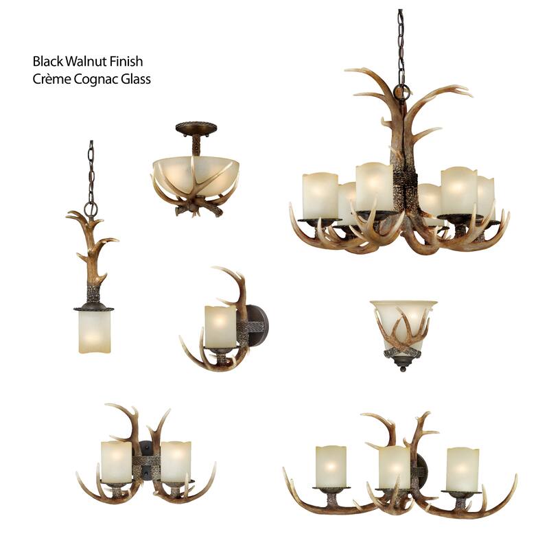 Yoho 12-in W Bronze Rustic Antler Bowl Semi Flush Mount Ceiling Light Cream Glass - 12-in W x 11-in H x 12-in D
