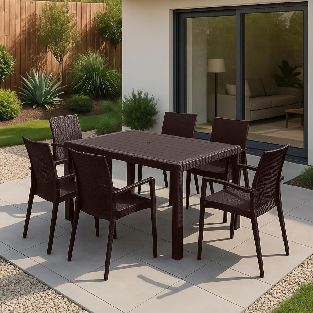 LeisureMod Mace 7-Piece Outdoor Dining Set with 4 Chairs 2 Arm Chairs - 28"