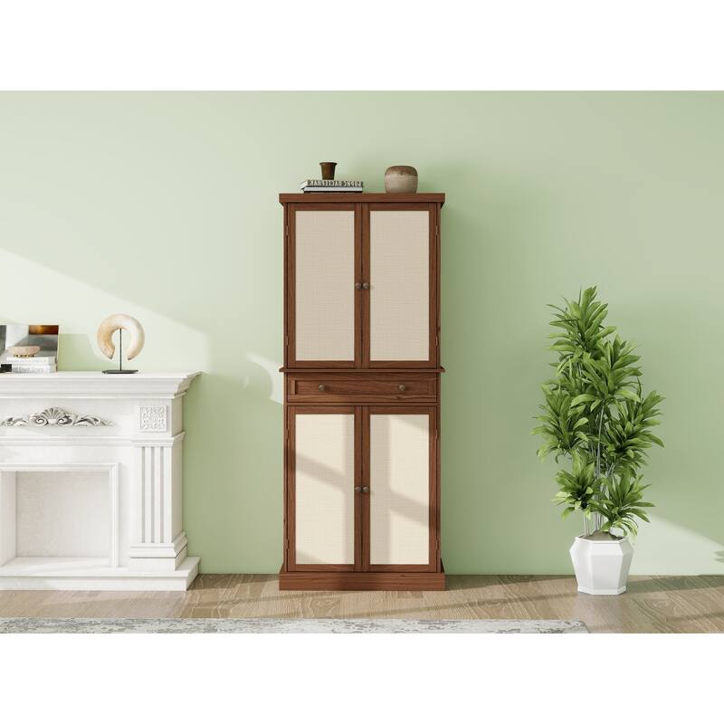 GDFStudio - TallRattan Modern Storage Cabinet with 4 Doors, 1 Drawer, and Adjustable Shelves