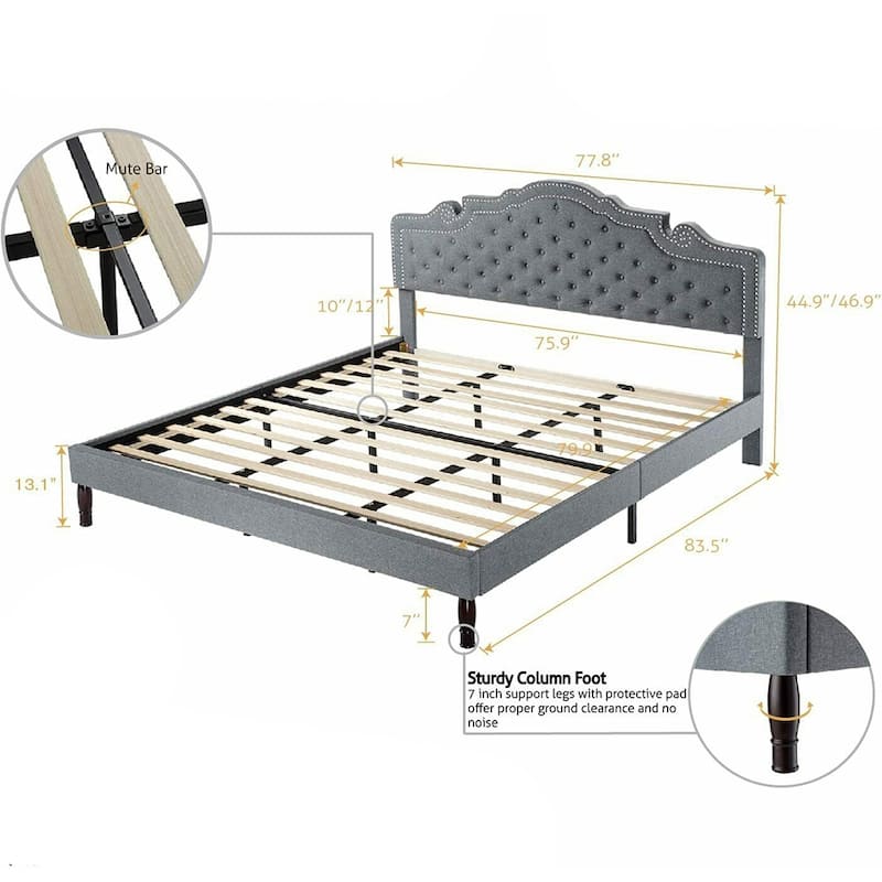 King Size Bed Frame with Diamond Button Adjustable Headboard, Grey