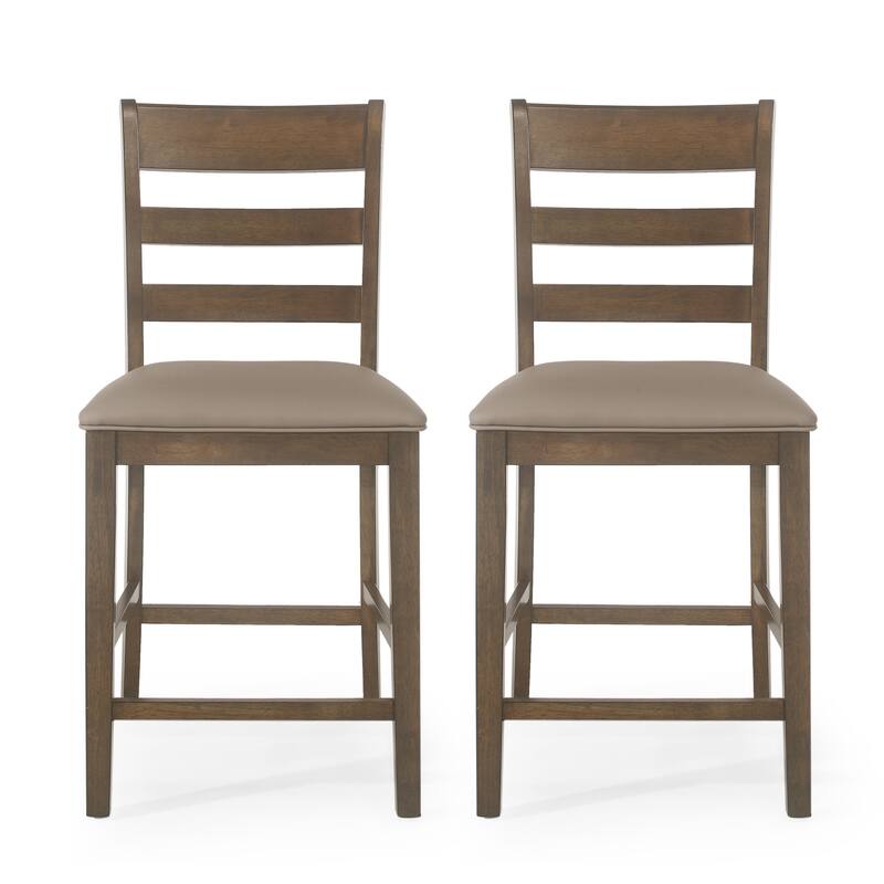 Modern Set of 2 Bar Stools with Leather Upholstered Seats, Curved Ladder Backrests, Wooden Legs, for Bar and Dining Room