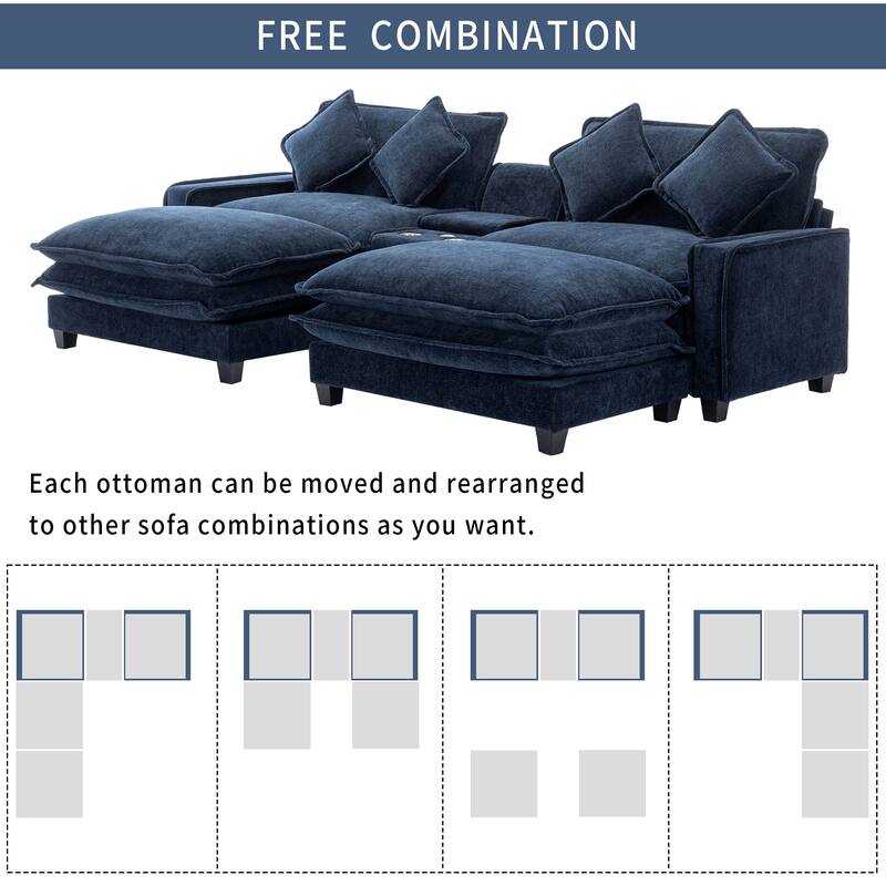 Roomfitters Chenille Sectional Sofa with 2 Ottomans, USB Ports, Cup Holders and Storage Box for Living Room