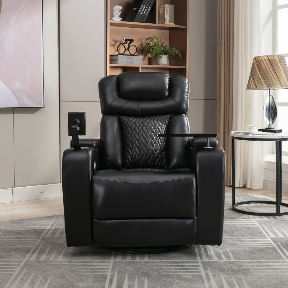 Roomfitters Swivel PU Leather Power Recliner Home Theater Recliner with Tray Table USB Port and Cup Holder