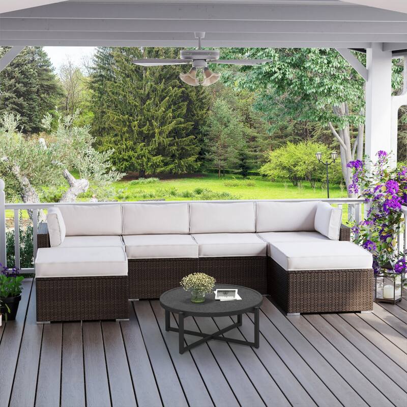 COSIEST 7-Piece Outdoor Patio Wicker Sectional Sofa with Coffee Table - BrownWicker+OffwhiteCushion+X-baseTable